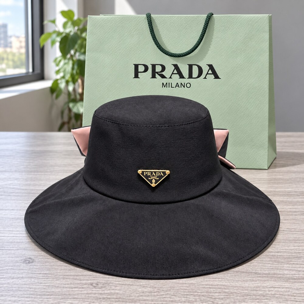 Prada Black Wide Brim Hat with Bow